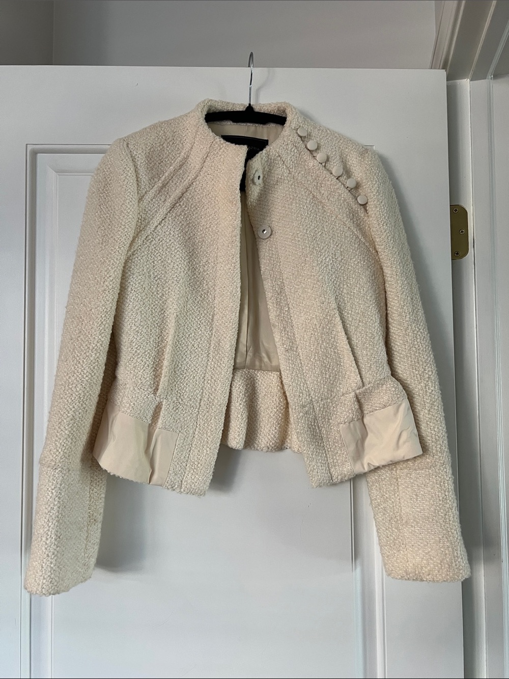 BCBGMaxAzria Cream Wool Blend Women's Jacket - Elegant Button-Shoulder Coat